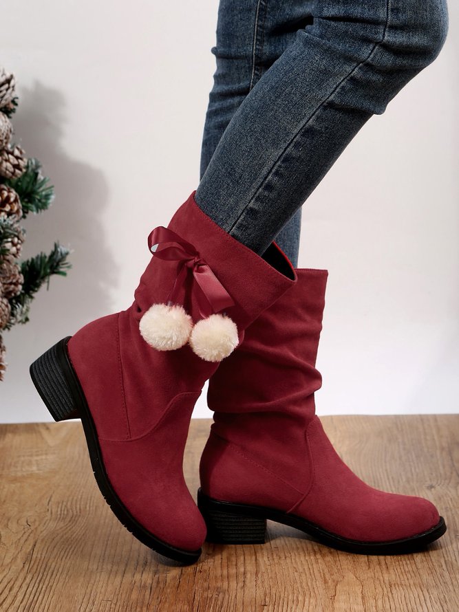 Christmas Pompom Decor Plus Size Faux Suede Slouchy Boots