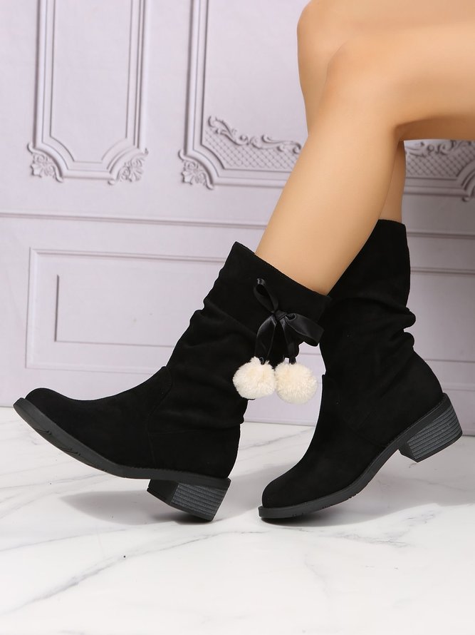 Christmas Pompom Decor Plus Size Faux Suede Slouchy Boots