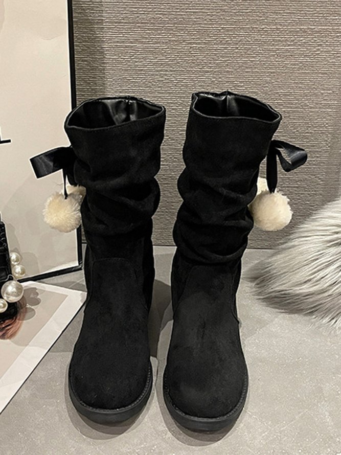 Christmas Pompom Decor Plus Size Faux Suede Slouchy Boots