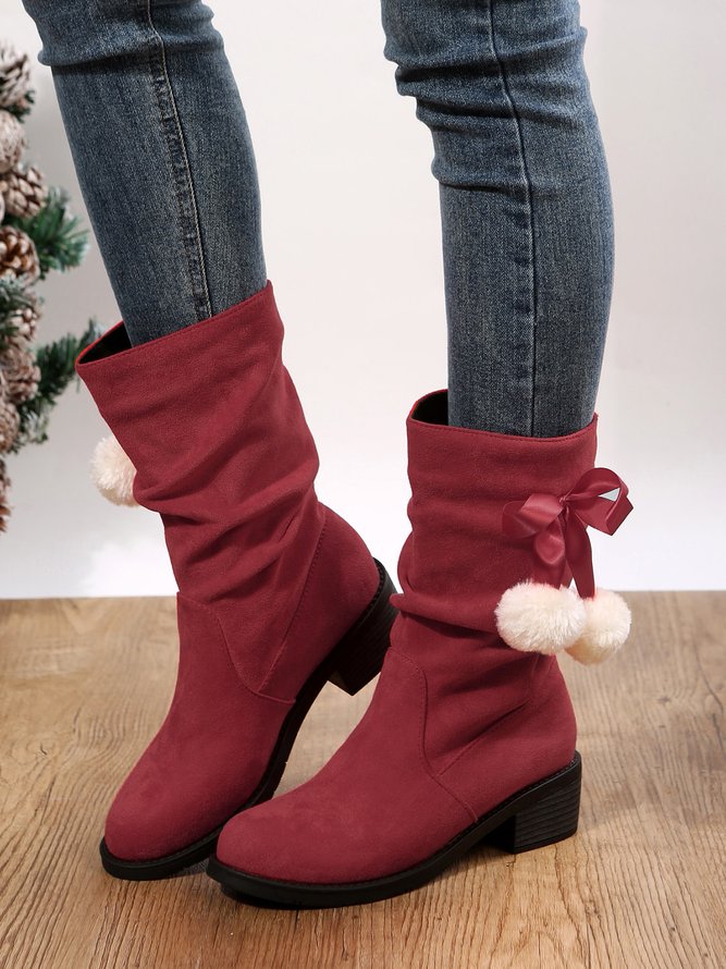 Christmas Pompom Decor Plus Size Faux Suede Slouchy Boots