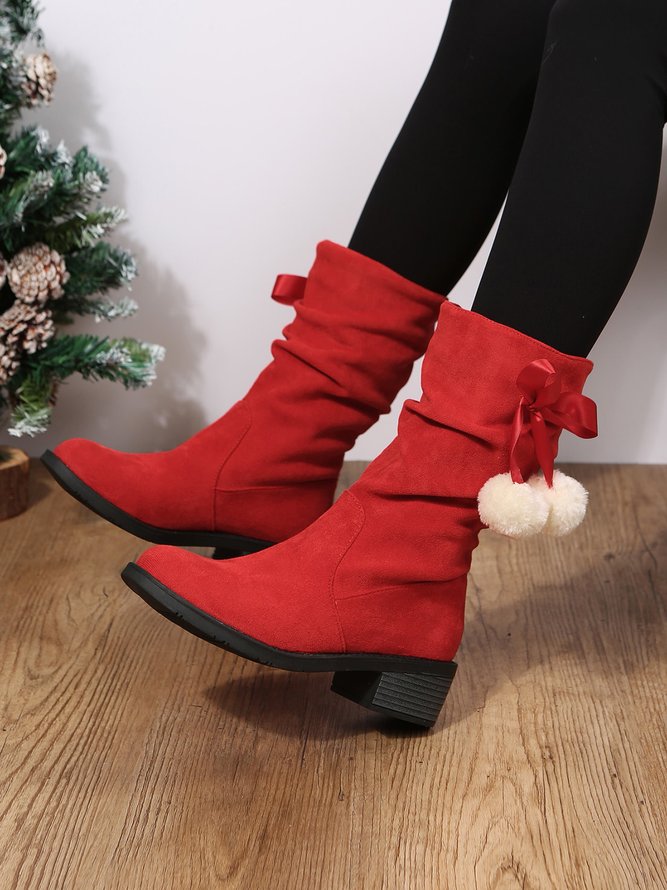 Christmas Pompom Decor Plus Size Faux Suede Slouchy Boots