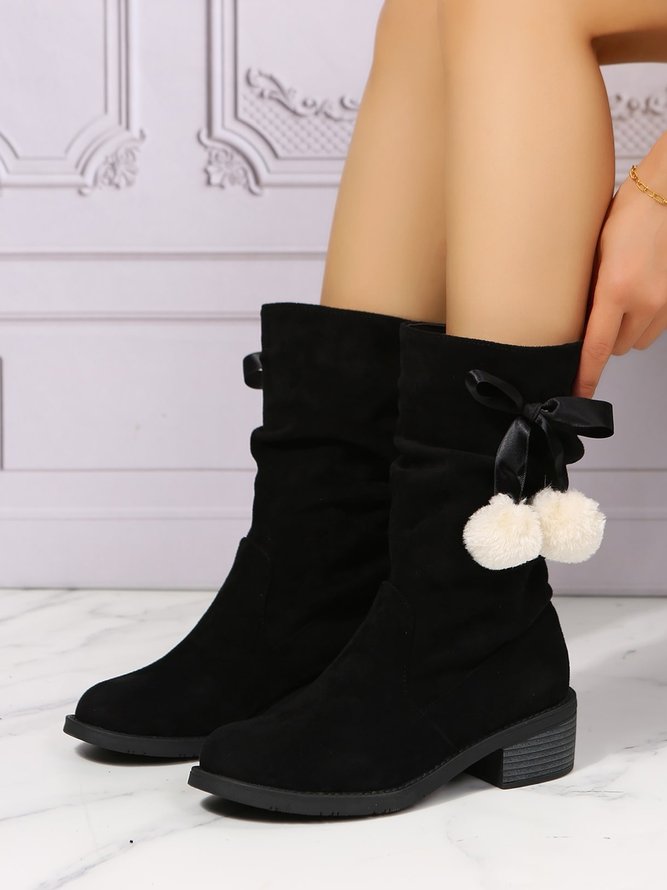 Christmas Pompom Decor Plus Size Faux Suede Slouchy Boots