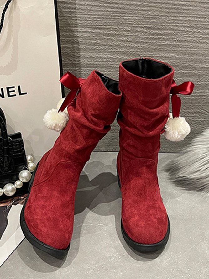 Christmas Pompom Decor Plus Size Faux Suede Slouchy Boots