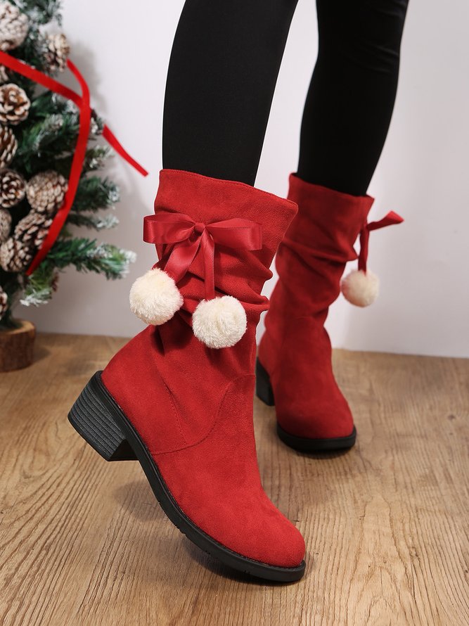 Christmas Pompom Decor Plus Size Faux Suede Slouchy Boots