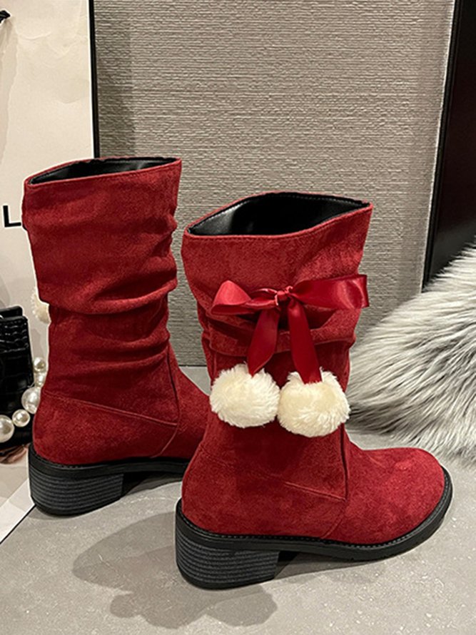 Christmas Pompom Decor Plus Size Faux Suede Slouchy Boots