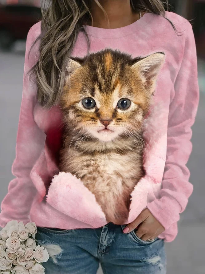 Funny And Cute Cat Round Neck Loose Sweater