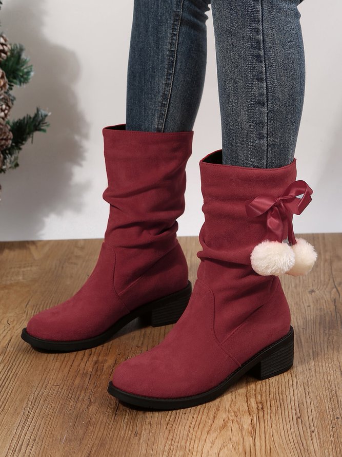 Christmas Pompom Decor Plus Size Faux Suede Slouchy Boots