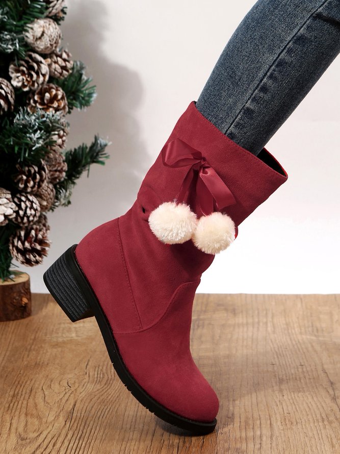 Christmas Pompom Decor Plus Size Faux Suede Slouchy Boots