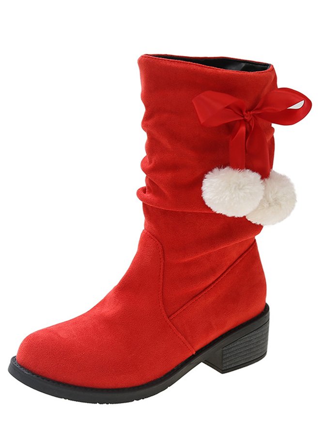 Christmas Pompom Decor Plus Size Faux Suede Slouchy Boots