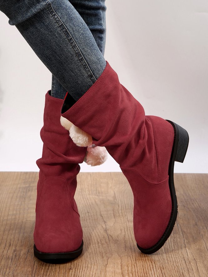 Christmas Pompom Decor Plus Size Faux Suede Slouchy Boots