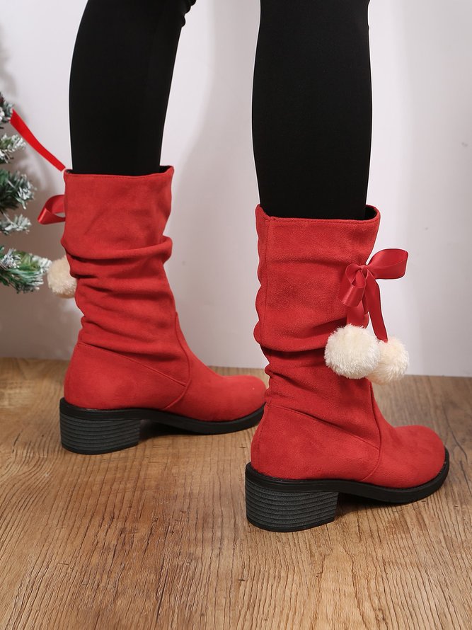 Christmas Pompom Decor Plus Size Faux Suede Slouchy Boots