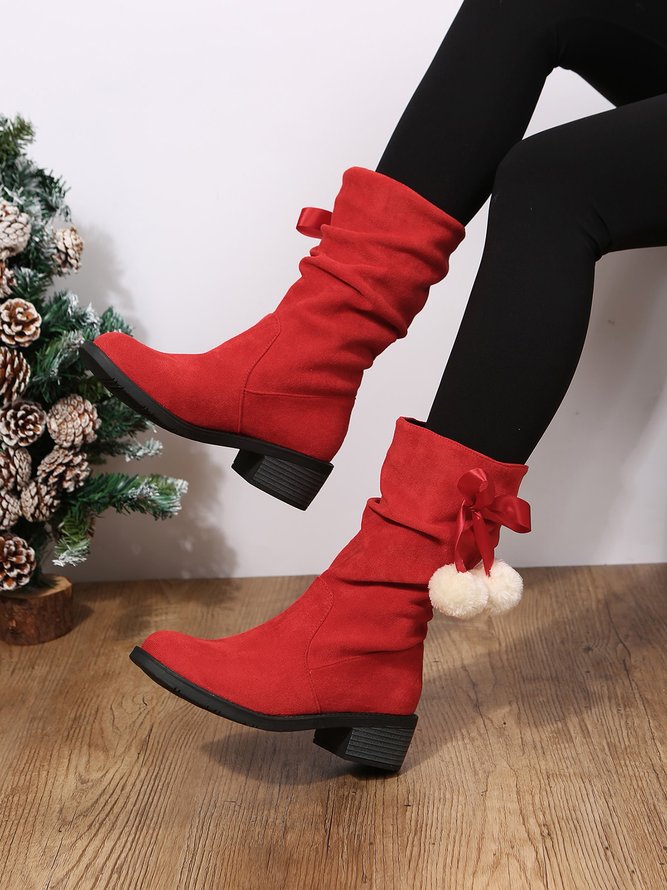 Christmas Pompom Decor Plus Size Faux Suede Slouchy Boots