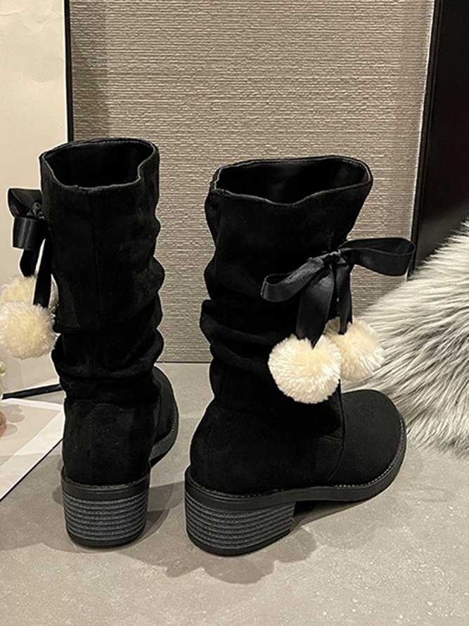 Christmas Pompom Decor Plus Size Faux Suede Slouchy Boots
