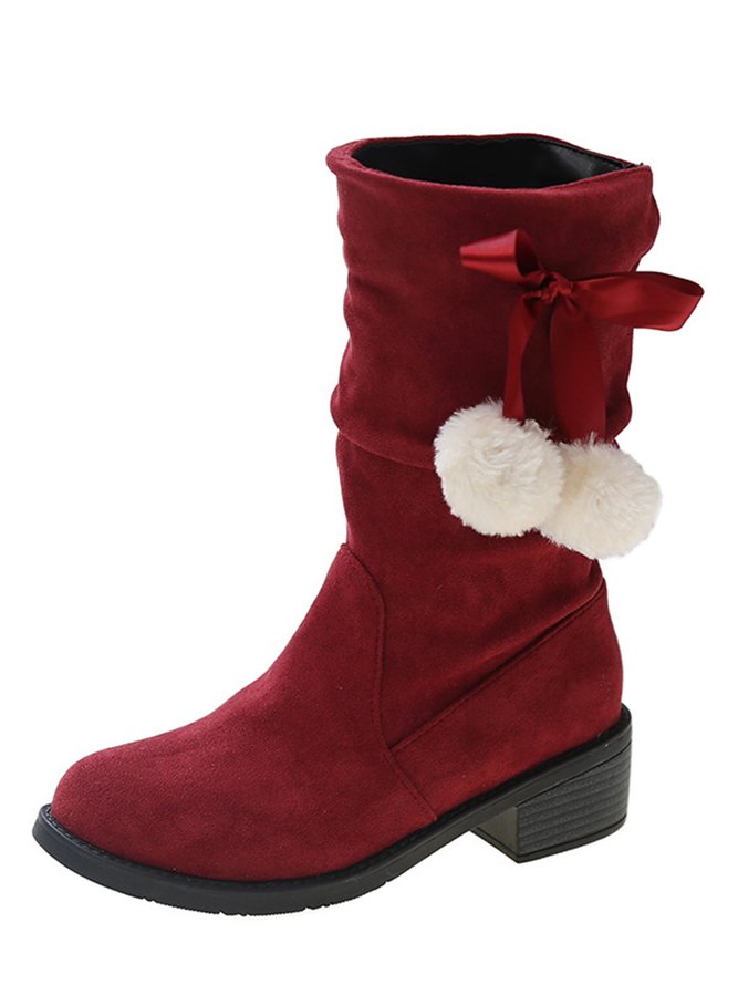 Christmas Pompom Decor Plus Size Faux Suede Slouchy Boots