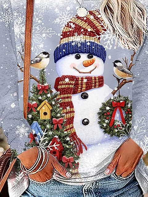 Crew Neck Loose Christmas Snowman Casual T-Shirt