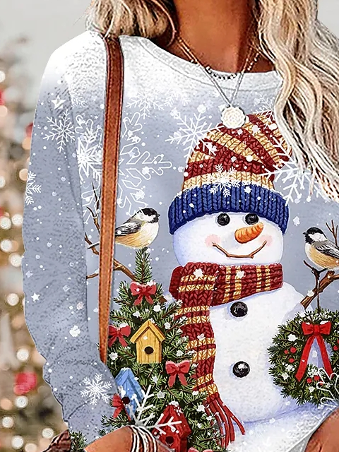 Crew Neck Loose Christmas Snowman Casual T-Shirt