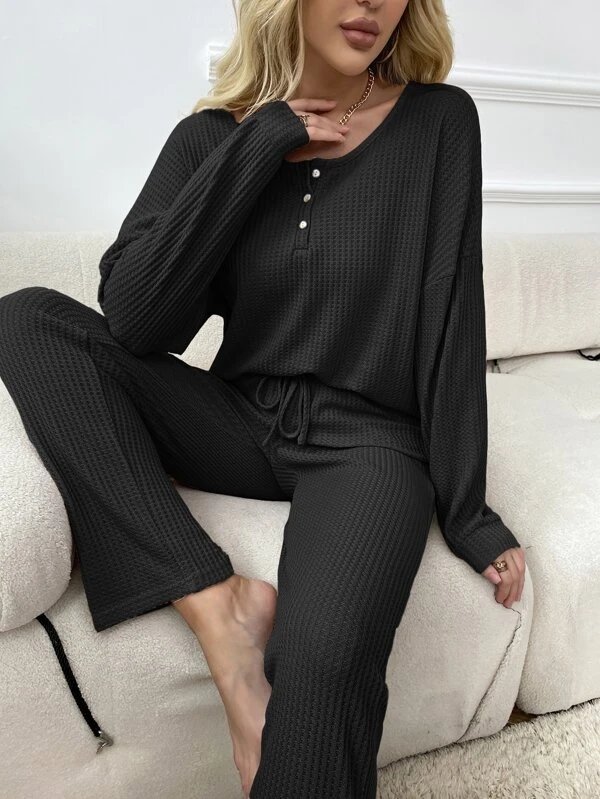 Waffle Loose Button Casual Two-Piece Set