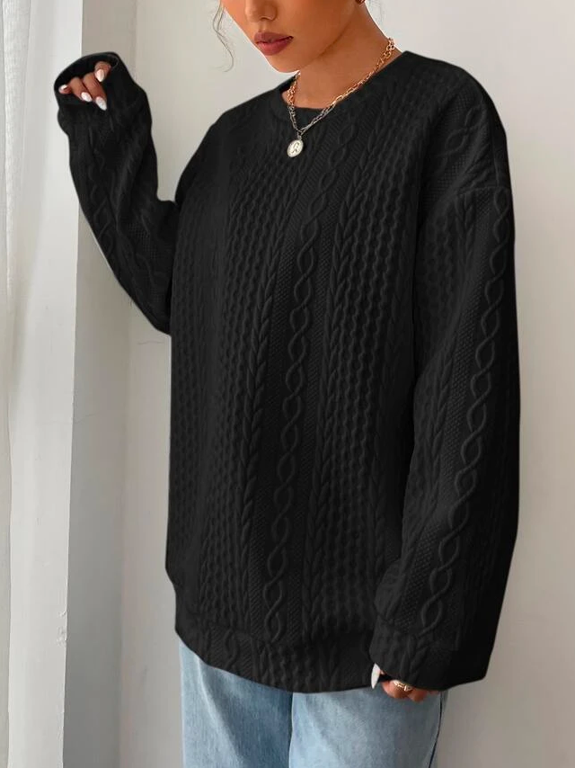 Geometric Loose Crew Neck Drop Shoulder Cable Textured Pullover Sweatshirt