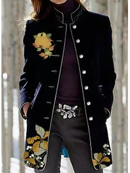 Stand Collar Loose Casual Floral Overcoat
