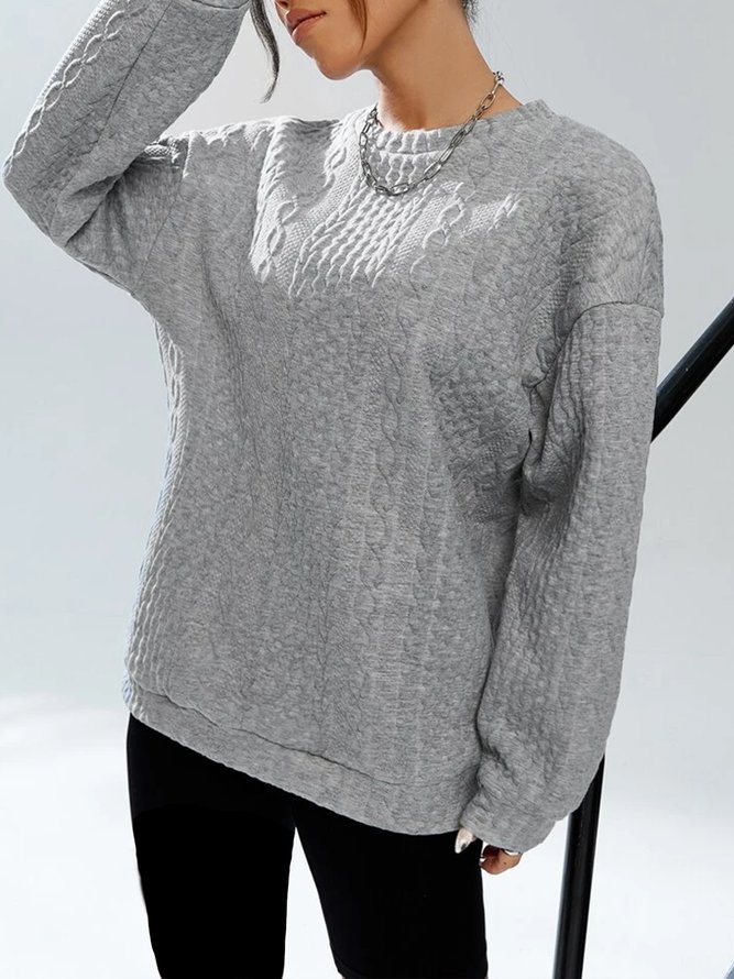 Geometric Loose Crew Neck Drop Shoulder Cable Textured Pullover Sweatshirt