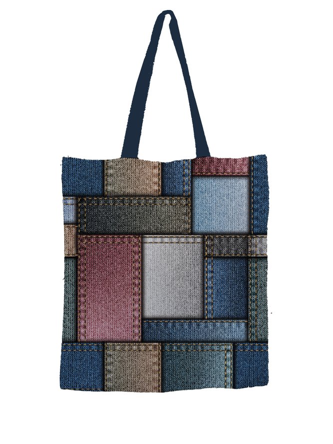 Trendy Denim Paneled Contrast Printed Canvas Shopper Tote Bag