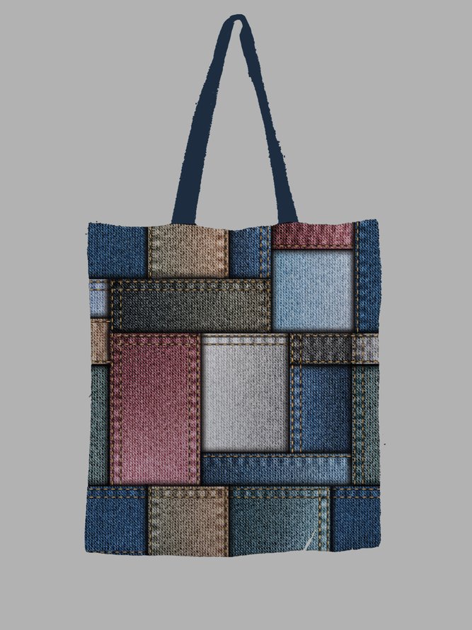 Trendy Denim Paneled Contrast Printed Canvas Shopper Tote Bag