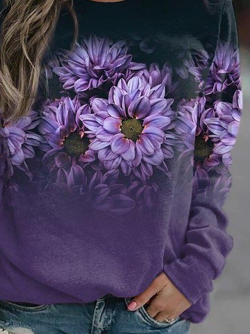 Loose Casual Crew Neck Floral Sweatshirt