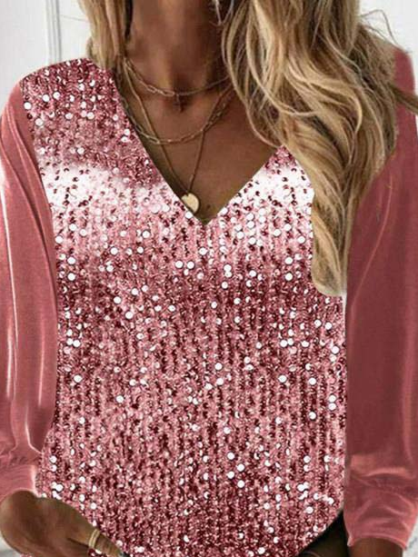 Women's Pink Velvet Sequins Loose V Neck Lantern Sleeve Top