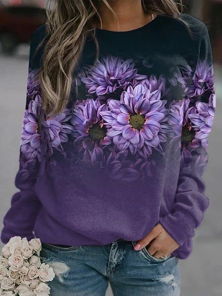 Loose Casual Crew Neck Floral Sweatshirt