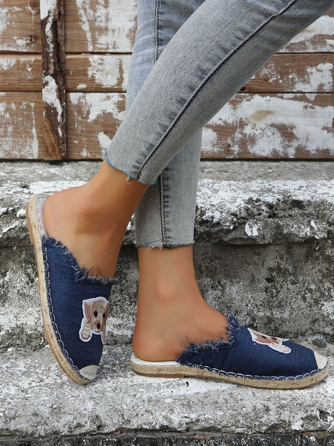 Plus Size Dog Embroidered Canvas Espadrille Slides
