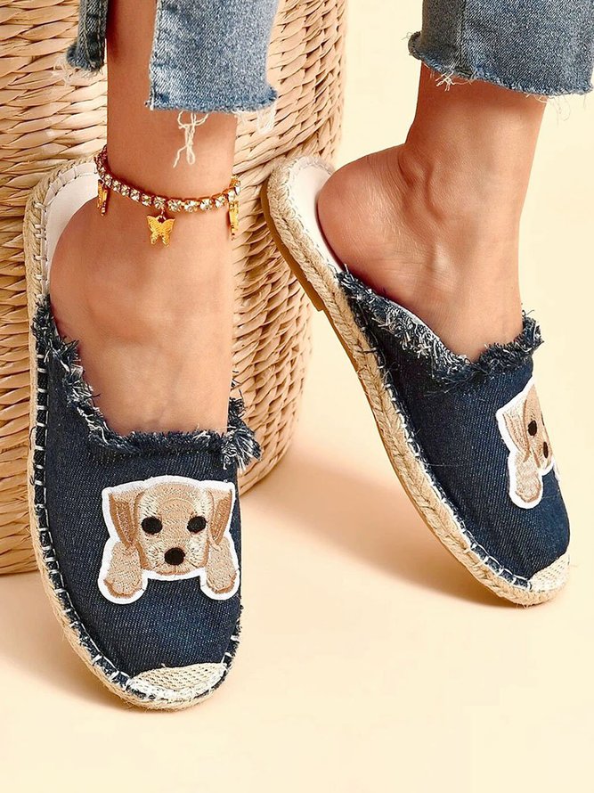 Plus Size Dog Embroidered Canvas Espadrille Slides
