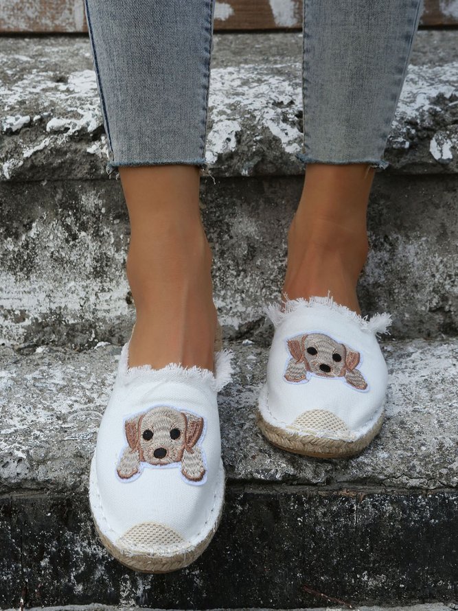 Plus Size Dog Embroidered Canvas Espadrille Slides