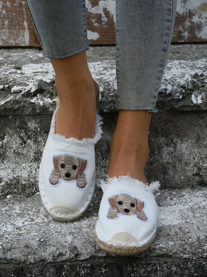 Plus Size Dog Embroidered Canvas Espadrille Slides