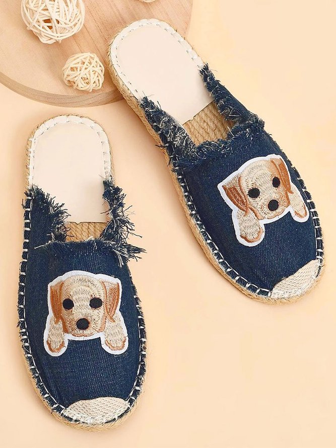 Plus Size Dog Embroidered Canvas Espadrille Slides
