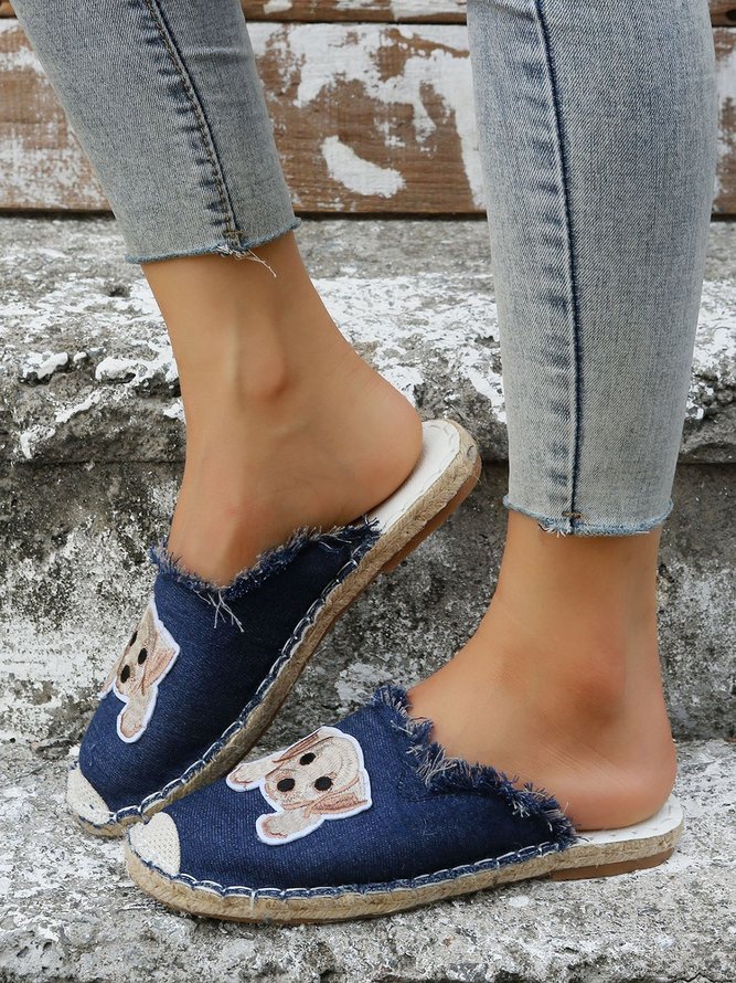 Plus Size Dog Embroidered Canvas Espadrille Slides