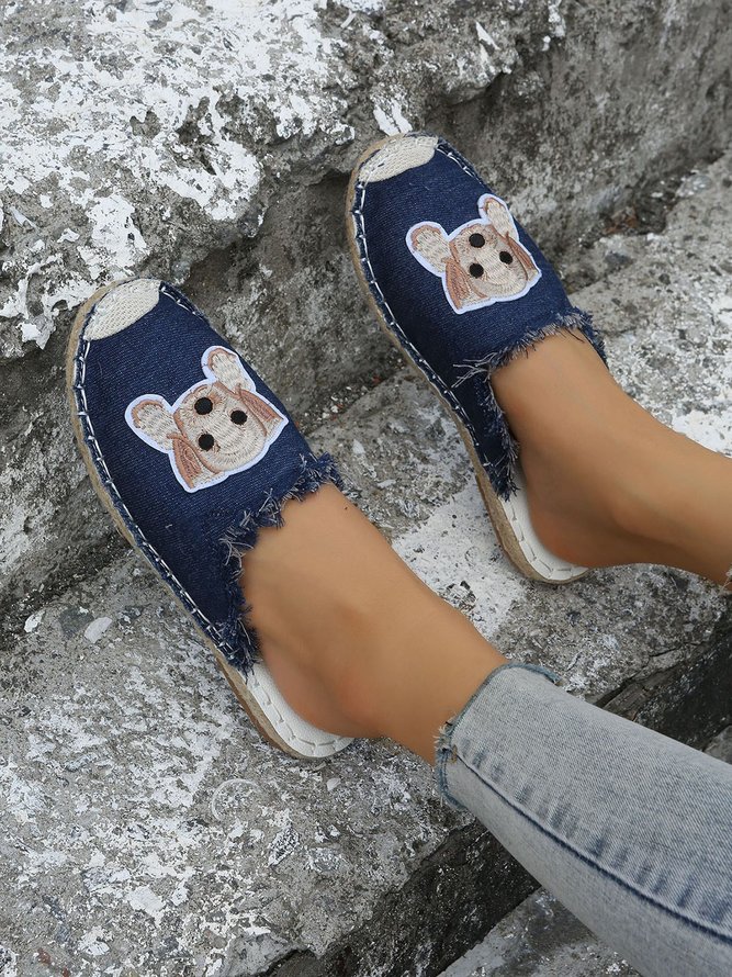 Plus Size Dog Embroidered Canvas Espadrille Slides
