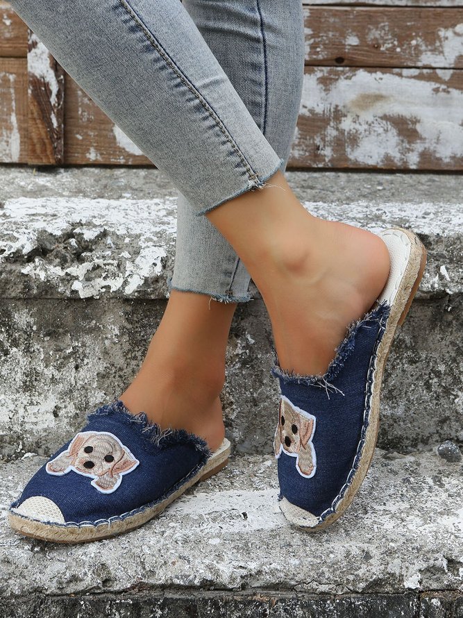 Plus Size Dog Embroidered Canvas Espadrille Slides