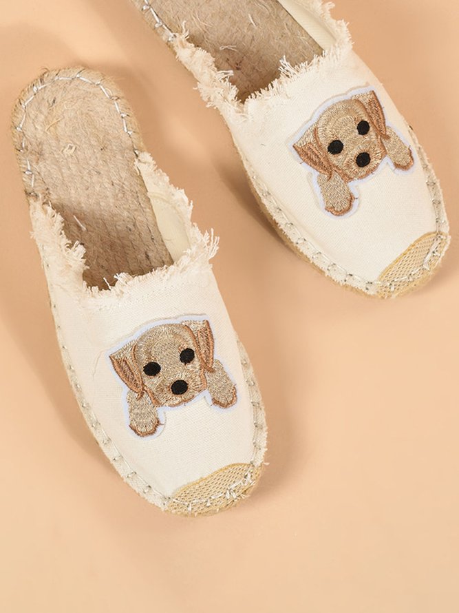 Plus Size Dog Embroidered Canvas Espadrille Slides