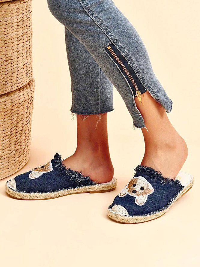 Plus Size Dog Embroidered Canvas Espadrille Slides