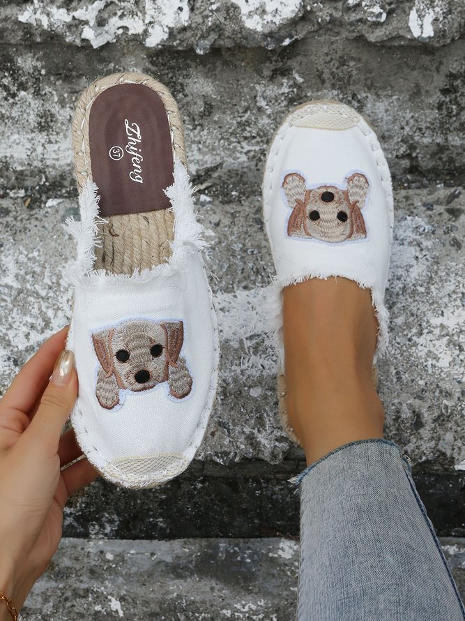 Plus Size Dog Embroidered Canvas Espadrille Slides