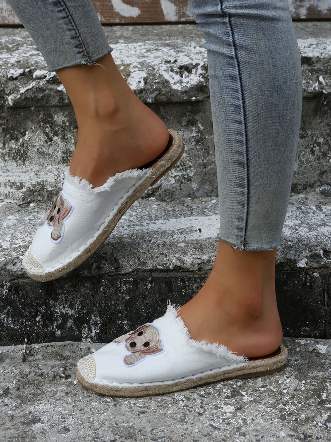 Plus Size Dog Embroidered Canvas Espadrille Slides