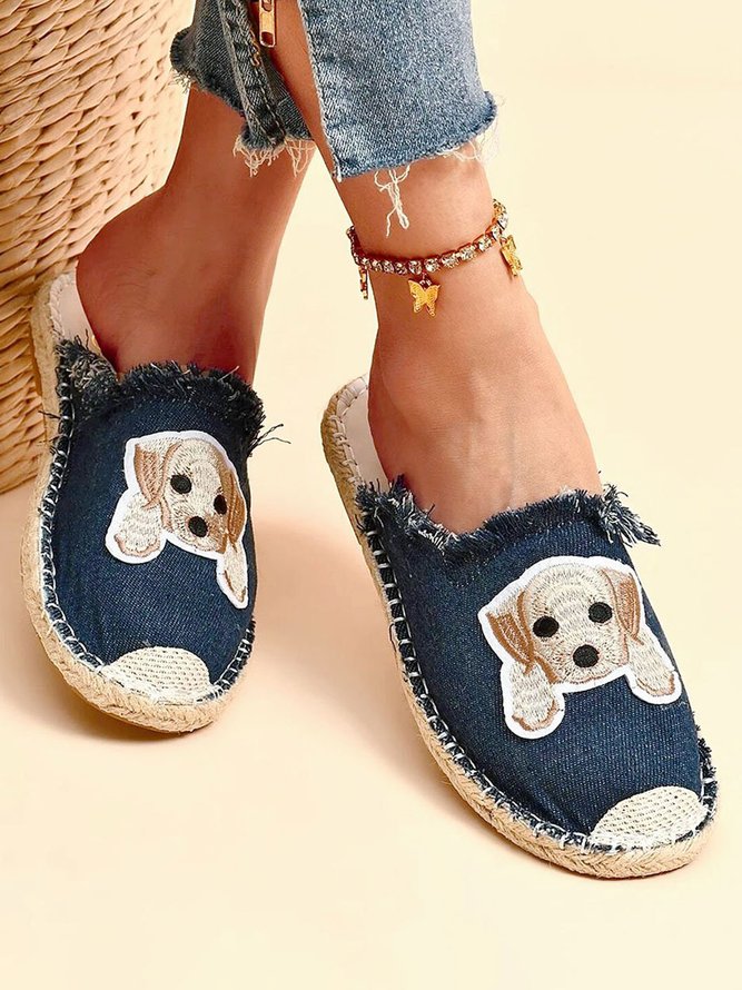Plus Size Dog Embroidered Canvas Espadrille Slides