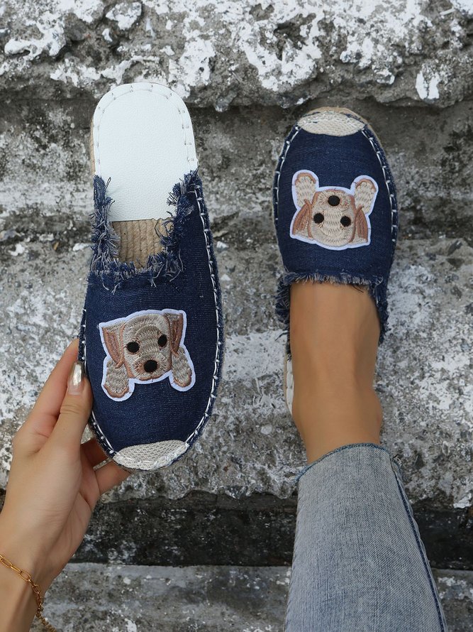 Plus Size Dog Embroidered Canvas Espadrille Slides