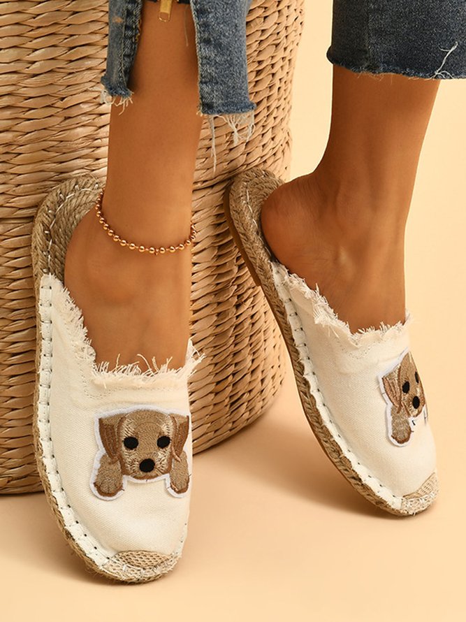 Plus Size Dog Embroidered Canvas Espadrille Slides
