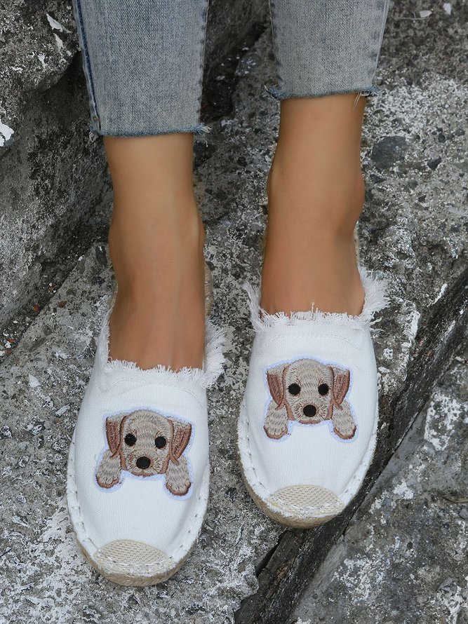 Plus Size Dog Embroidered Canvas Espadrille Slides