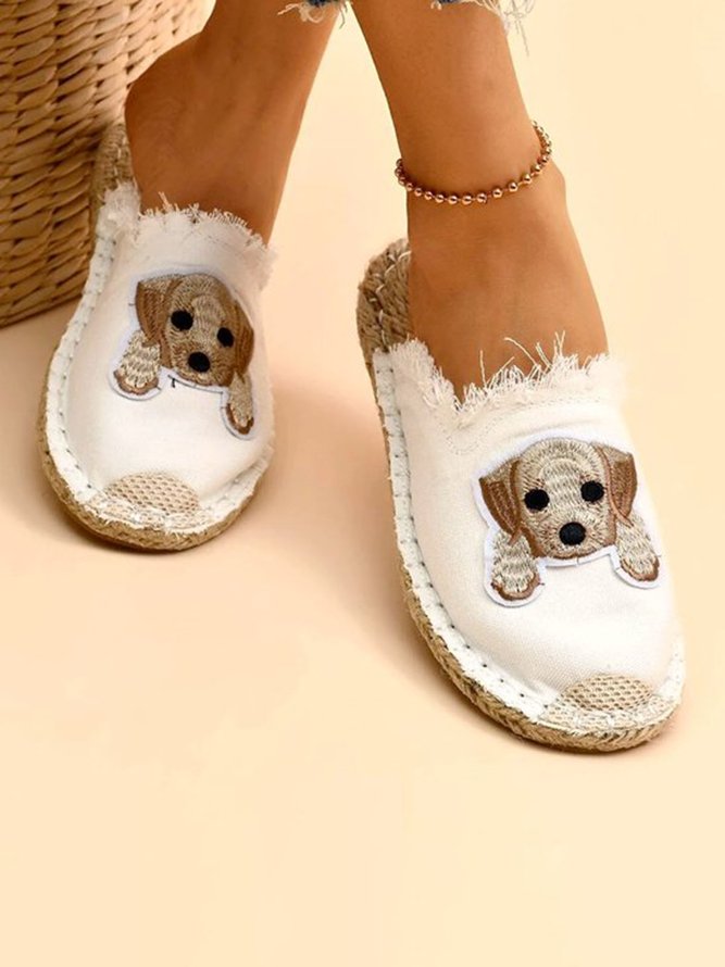 Plus Size Dog Embroidered Canvas Espadrille Slides