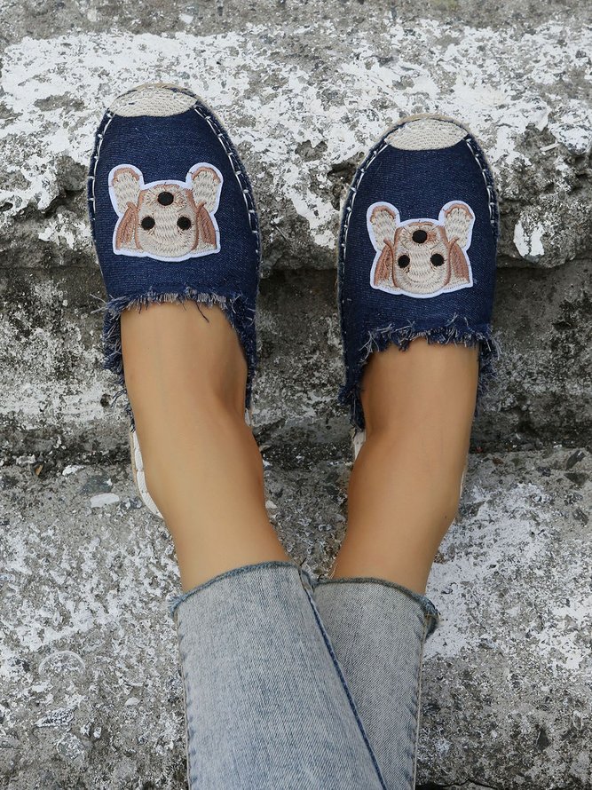 Plus Size Dog Embroidered Canvas Espadrille Slides