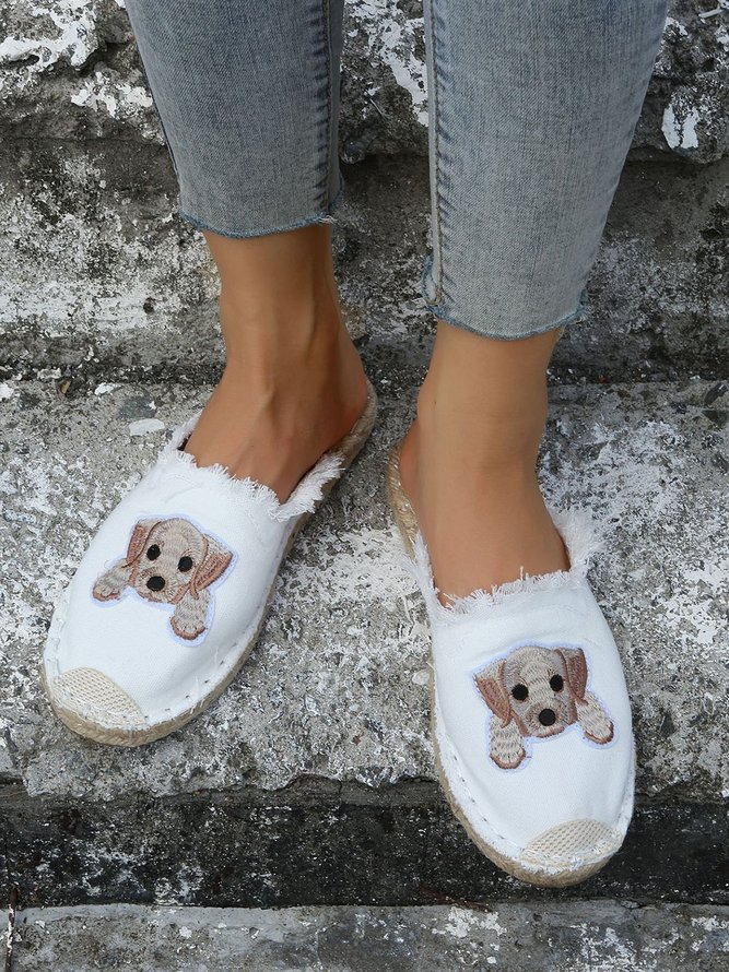 Plus Size Dog Embroidered Canvas Espadrille Slides