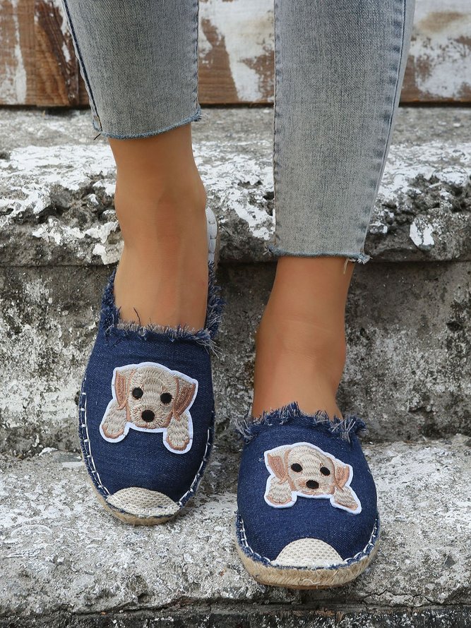 Plus Size Dog Embroidered Canvas Espadrille Slides