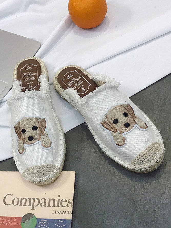 Plus Size Dog Embroidered Canvas Espadrille Slides